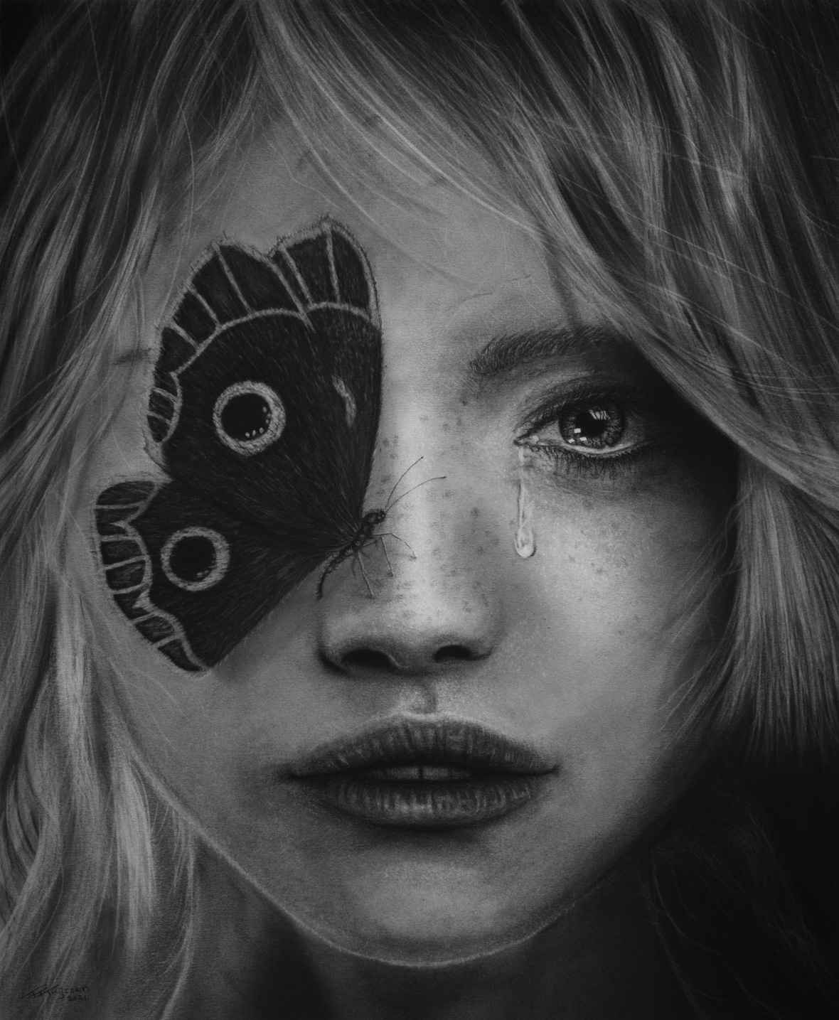 The Butterfly Girl by Thomas Thijssen charcoal drawing 2021